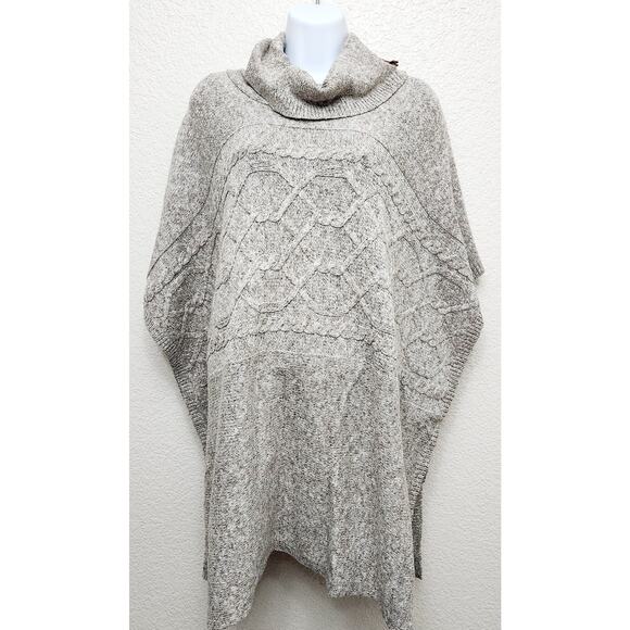 Westbound Tan Marled Cable Knit Cowl Neck Poncho XL Leather Snap Detail Collar - Picture 1 of 5